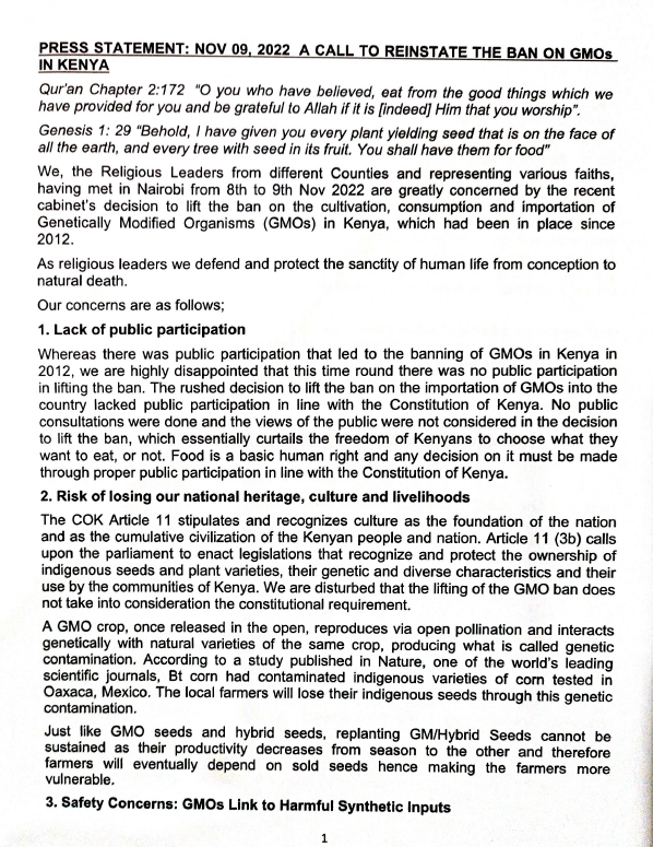 Press Statement on 9th Nov 2022 A call to reinstate the Ban on GMOs in Kenya